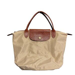 Longchamp Le Pliage Leather Handbag Women's Beige Brown Classic Everyday Chic